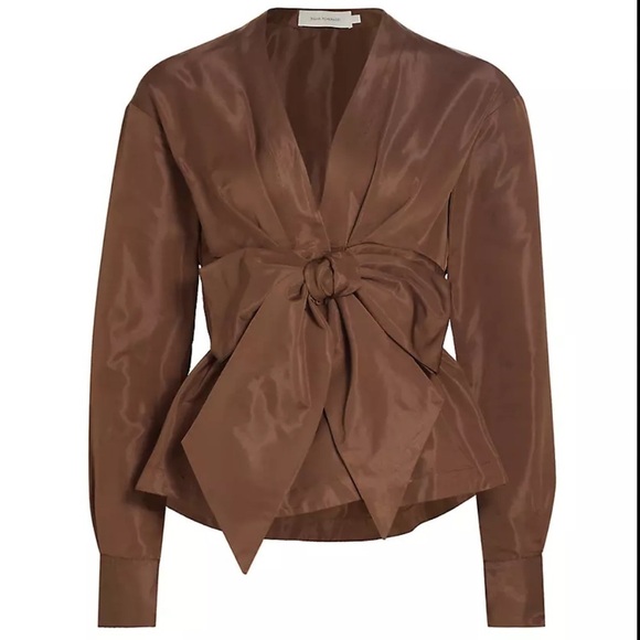 Silvia Tcherassi- NWT Brown Saanvi Bow-Embellished Taffeta Longsleeve Blouse - Picture 3 of 8